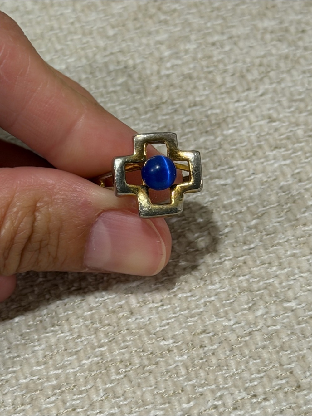 Gold-Tone Cross Accent Ring with Blue Cabochon